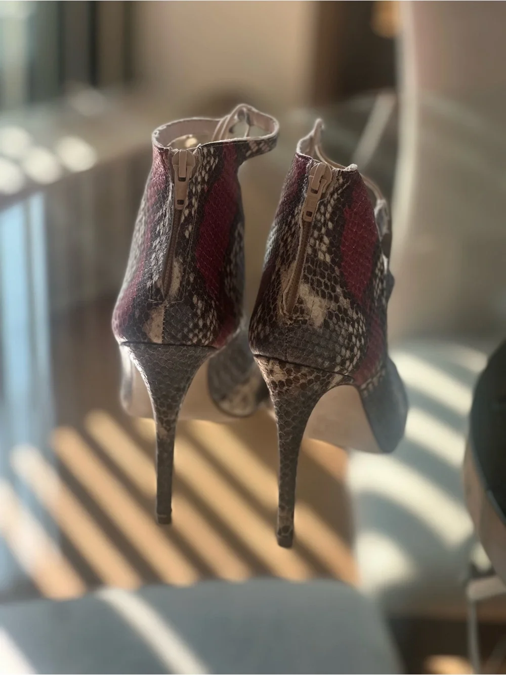 Zara Snake-Print Lace-Up leather Stiletto Heels in Pink and Neutral sz 39 (8 US)